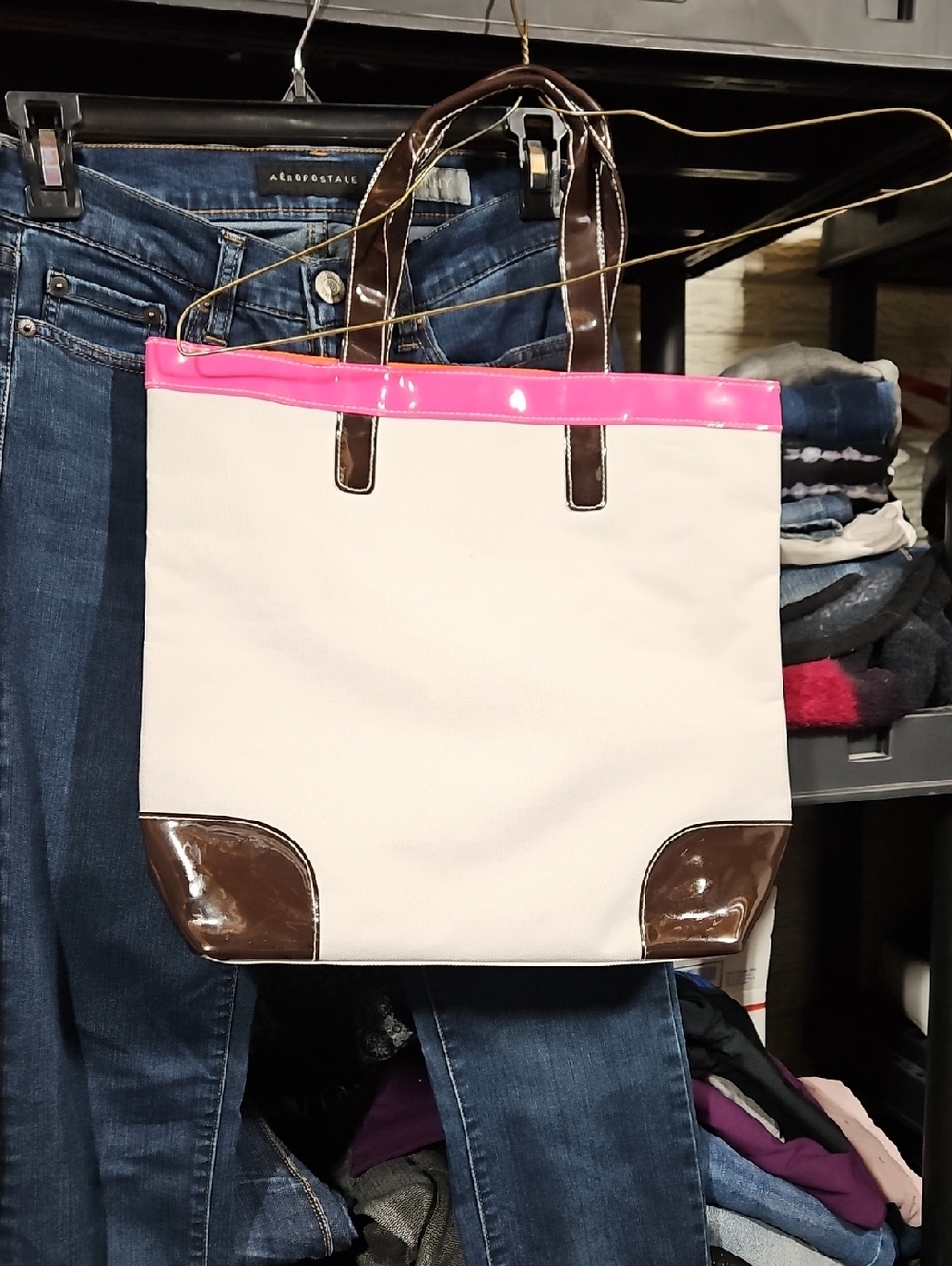 Estee Lauder Cream Tote with Pink Trim and Brown Accents